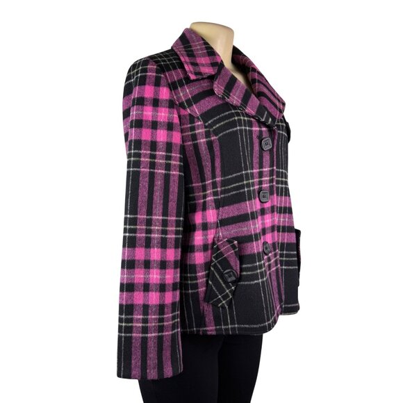 Abbie Mags Womens Black & Pink Plaid Wool Blend Button-Up Coat Retro Chic Size S - Picture 3 of 12